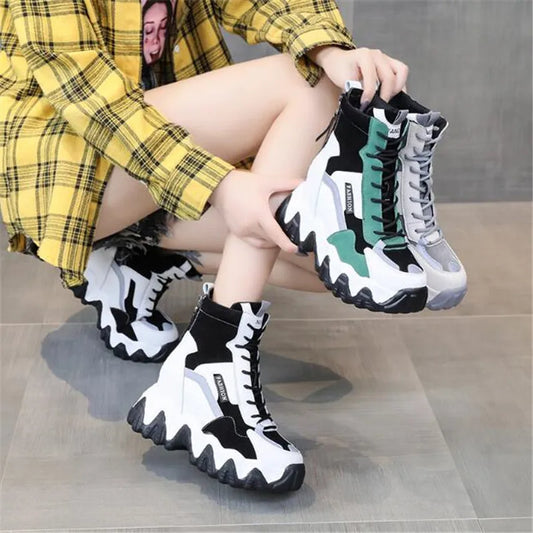 Spring Women Thick Sole Ankle Boots Autumn Luxury Platform Casual Boots Women's 8cm High Heels Wedge Boots Shoes Woman Sneakers