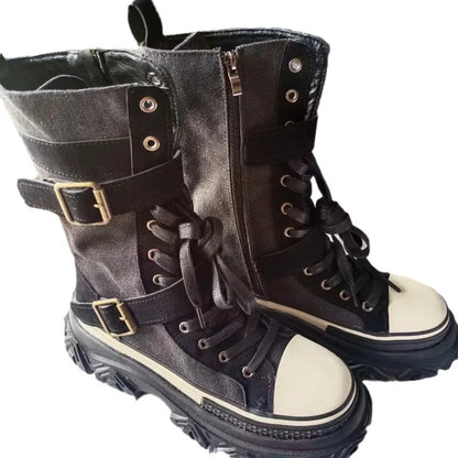 Rock Shoes Woman Luxury Designer Flat Heel Boots-Women Round Toe Fashion 2024 Ladies Autumn Med Ankle Slip-On Cotton Fabric
