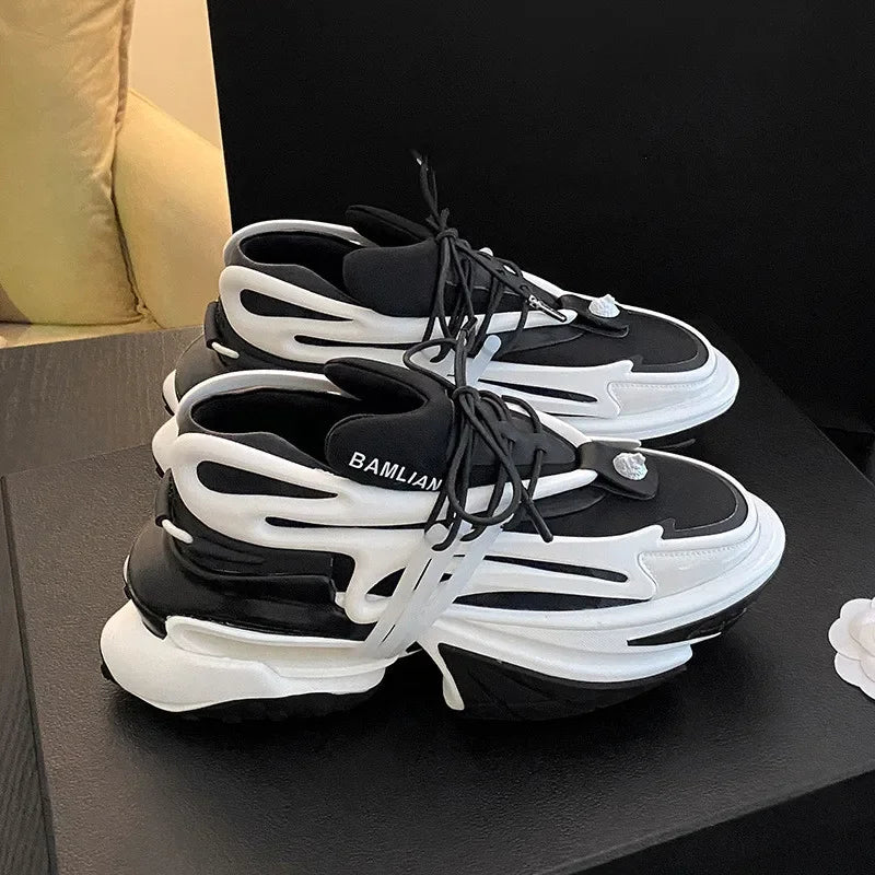 Flat Platform Daddy Shoes Women Patchwork Air Cushion Elastic Shoes Thick Sole Shock-Absorbing Spaceship Sneakers Unisex