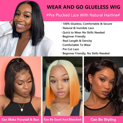 Human Hair Bob Straight Pre Cut Lace Front Wigs Human Hair Upgraded No Glue Lace Front Wigs For Women