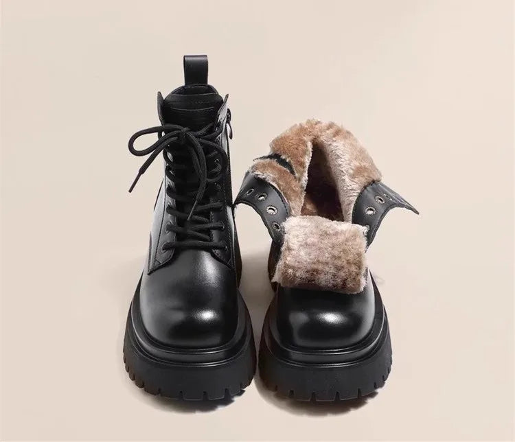 Snow Boots For Women  Female Shoes Winter Footwear Boots-Women Plush Round Toe Flat Heel Leather Lolita Ladies Med 2025 Fur