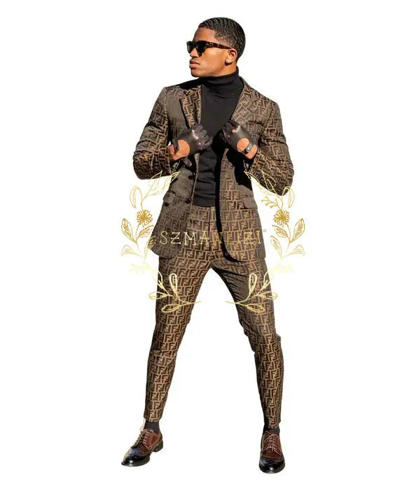 Luxuly Plaid Double Breasted Men Suit Custumized Slim Fit Peaked Lapel Groom Wedding Tuxedos Male Prom Blazers 2 Pieces Sets