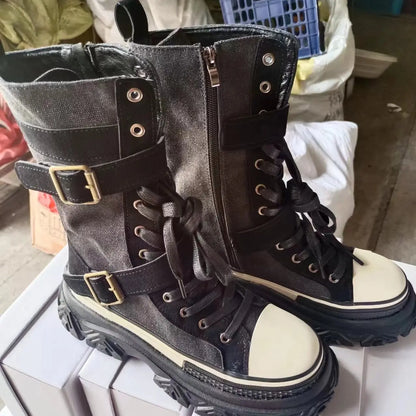 Rock Shoes Woman Luxury Designer Flat Heel Boots-Women Round Toe Fashion 2024 Ladies Autumn Med Ankle Slip-On Cotton Fabric