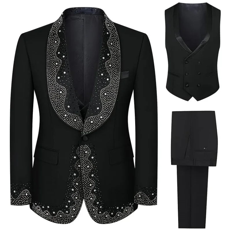 Men's 3-Piece Luxury Diamond Shawl Lapel Tuxedo Set | Black Wedding Suit (Blazer+Vest+Pants) for Groom/Prom Red Carpet Events