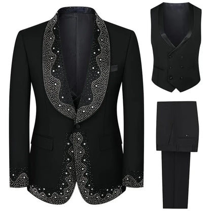 Men's 3-Piece Luxury Diamond Shawl Lapel Tuxedo Set | Black Wedding Suit (Blazer+Vest+Pants) for Groom/Prom Red Carpet Events