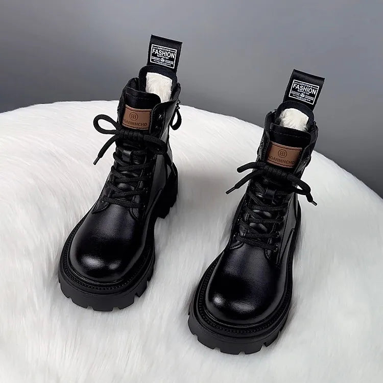 Snow Boots For Women  Female Shoes Winter Footwear Boots-Women Plush Round Toe Flat Heel Leather Lolita Ladies Med 2025 Fur