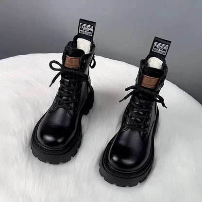 Snow Boots For Women  Female Shoes Winter Footwear Boots-Women Plush Round Toe Flat Heel Leather Lolita Ladies Med 2025 Fur