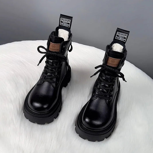 Snow Boots For Women  Female Shoes Winter Footwear Boots-Women Plush Round Toe Flat Heel Leather Lolita Ladies Med 2025 Fur
