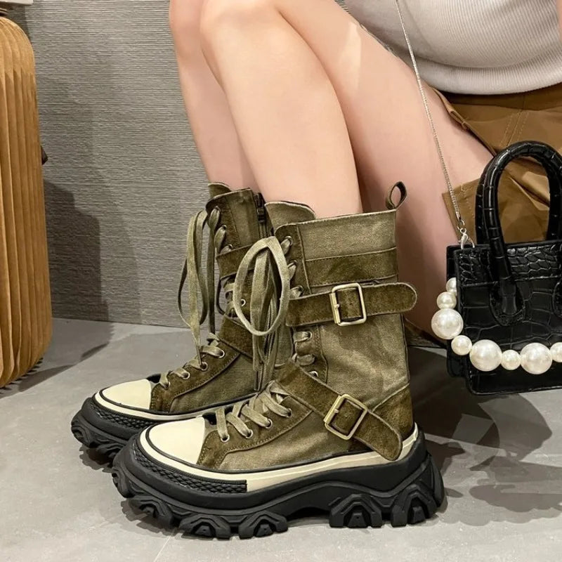 Rock Shoes Woman Luxury Designer Flat Heel Boots-Women Round Toe Fashion 2024 Ladies Autumn Med Ankle Slip-On Cotton Fabric