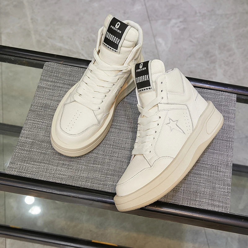 Large Size 35-47 Men Casual Shoes Genuine Leather Lace Up Thick Soled High Top Women Sneakers Autumn Winter Popular Shoes Unisex