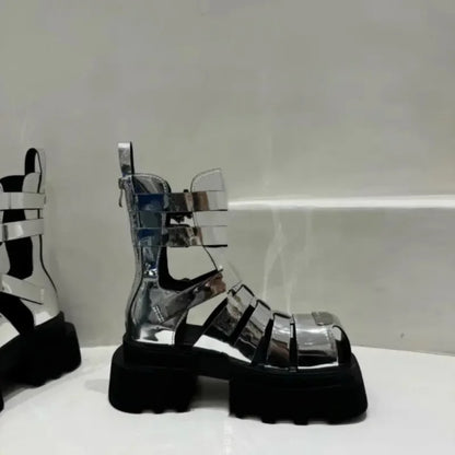 Roman Style Woven Thin Heel Boots for Women Summer Thick Bottom Slimming Cool Motorcycle Style Hollow out Short Boots Trendy