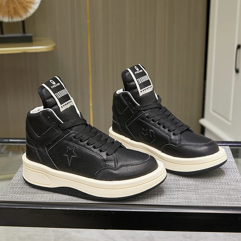 Large Size 35-47 Men Casual Shoes Genuine Leather Lace Up Thick Soled High Top Women Sneakers Autumn Winter Popular Shoes Unisex