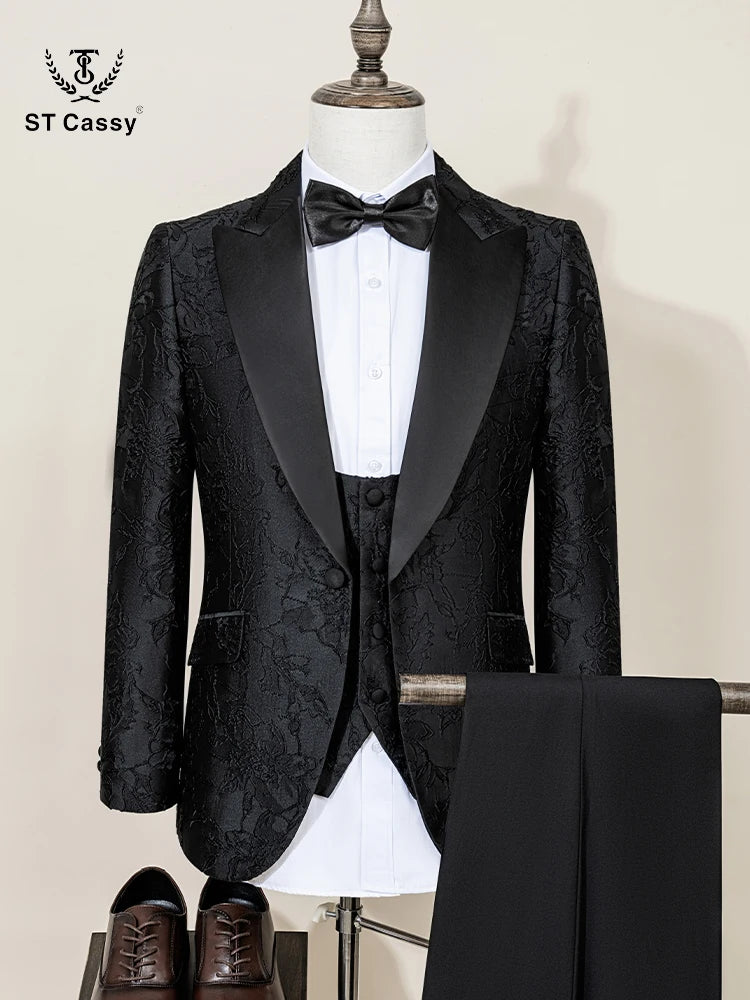 ST Cassy High Quality Retro carving Party Dress Slim Fit Tuxedo Prom Suit Fashion black Male Groom Wedding three-piece