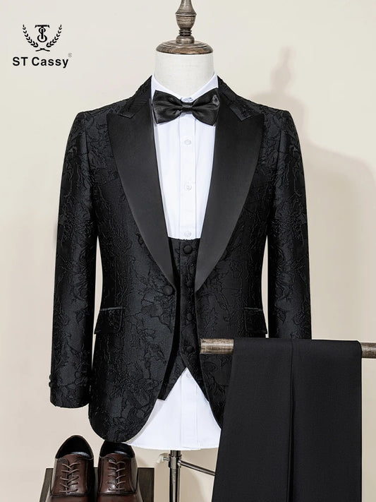 ST Cassy High Quality Retro carving Party Dress Slim Fit Tuxedo Prom Suit Fashion black Male Groom Wedding three-piece