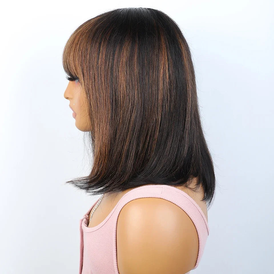 Human Hair Straight Bob Lace Wigs Straight Human Hair Wigs With Bangs #27 Brown Fringe Middle Part Bob Lace Wigs Realistic Scalp