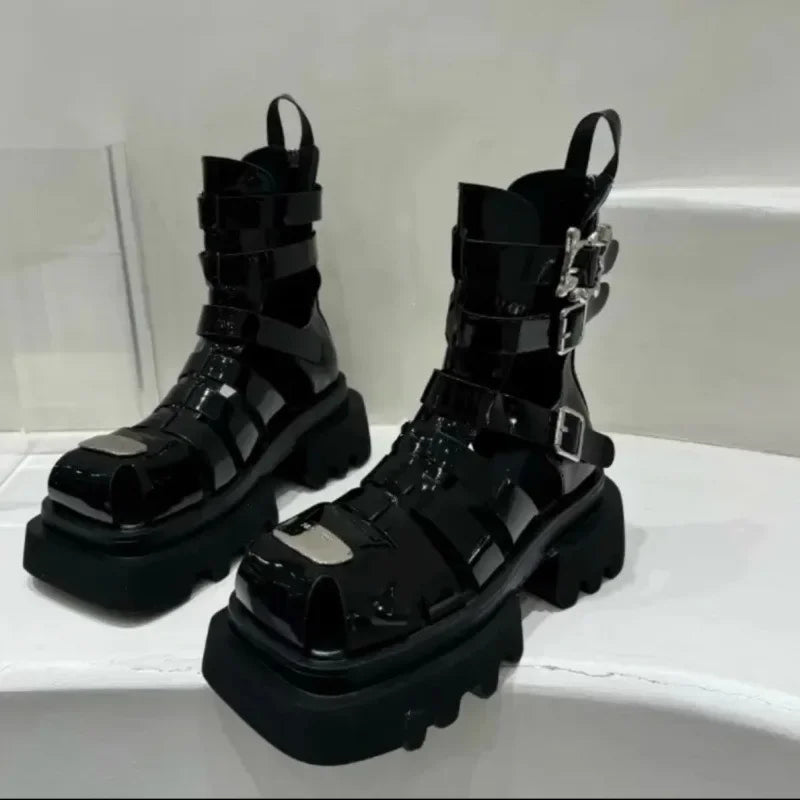 Roman Style Woven Thin Heel Boots for Women Summer Thick Bottom Slimming Cool Motorcycle Style Hollow out Short Boots Trendy