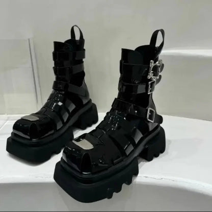 Roman Style Woven Thin Heel Boots for Women Summer Thick Bottom Slimming Cool Motorcycle Style Hollow out Short Boots Trendy