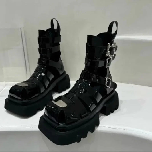 Roman Style Woven Thin Heel Boots for Women Summer Thick Bottom Slimming Cool Motorcycle Style Hollow out Short Boots Trendy