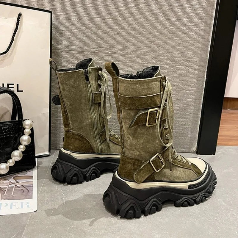 Rock Shoes Woman Luxury Designer Flat Heel Boots-Women Round Toe Fashion 2024 Ladies Autumn Med Ankle Slip-On Cotton Fabric