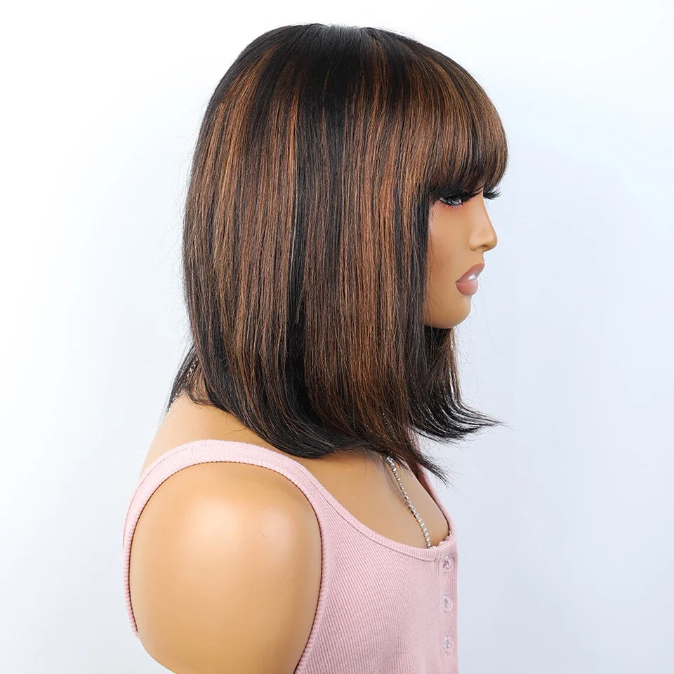 Human Hair Straight Bob Lace Wigs Straight Human Hair Wigs With Bangs #27 Brown Fringe Middle Part Bob Lace Wigs Realistic Scalp