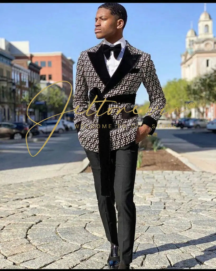 Luxuly Plaid Double Breasted Men Suit Custumized Slim Fit Peaked Lapel Groom Wedding Tuxedos Male Prom Blazers 2 Pieces Sets