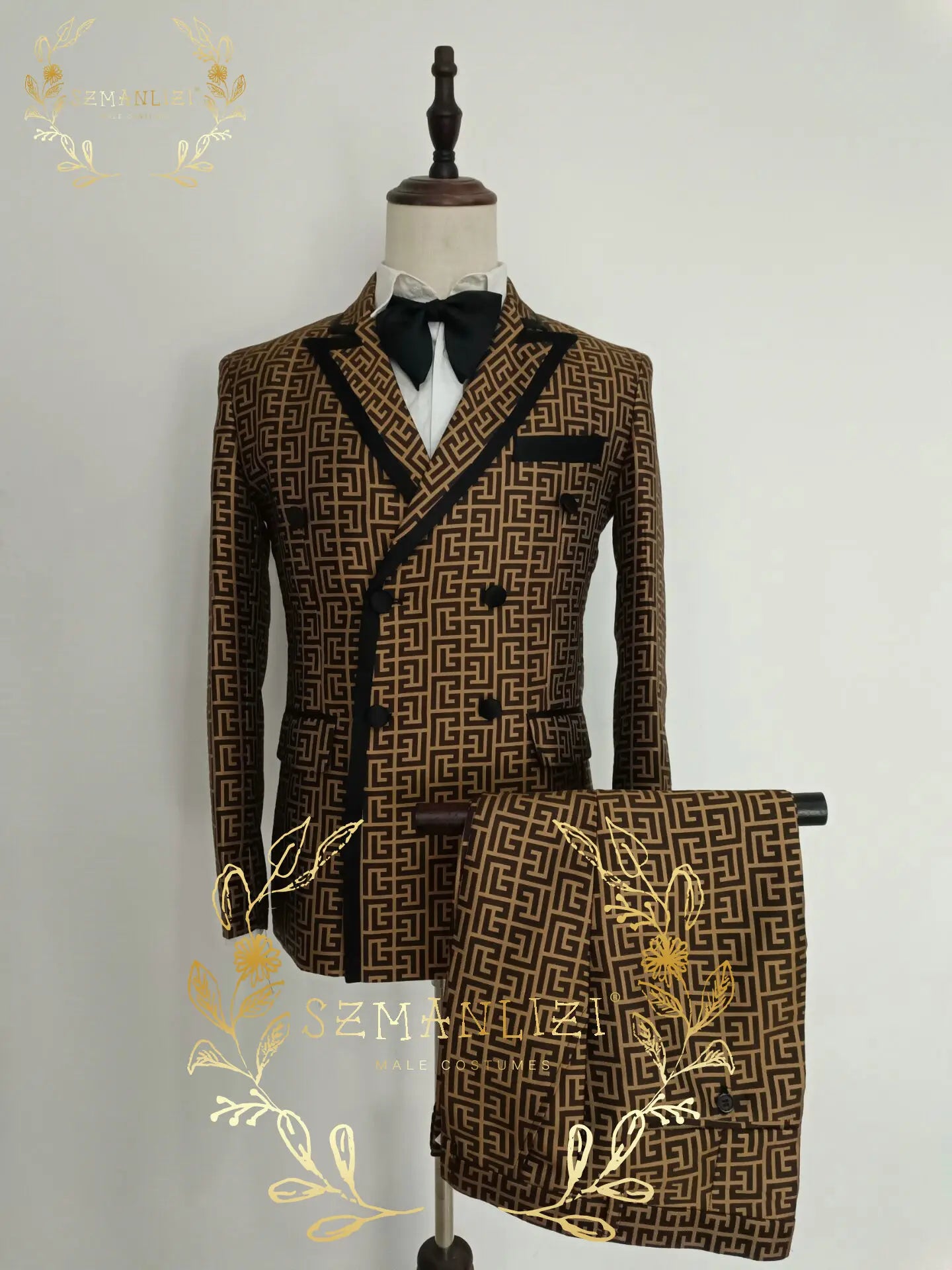 Luxuly Plaid Double Breasted Men Suit Custumized Slim Fit Peaked Lapel Groom Wedding Tuxedos Male Prom Blazers 2 Pieces Sets