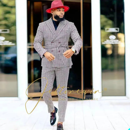 Luxuly Plaid Double Breasted Men Suit Custumized Slim Fit Peaked Lapel Groom Wedding Tuxedos Male Prom Blazers 2 Pieces Sets