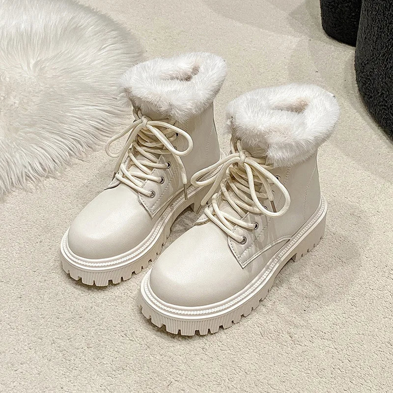 Snow Boots For Women  Female Shoes Winter Footwear Boots-Women Plush Round Toe Flat Heel Leather Lolita Ladies Med 2025 Fur