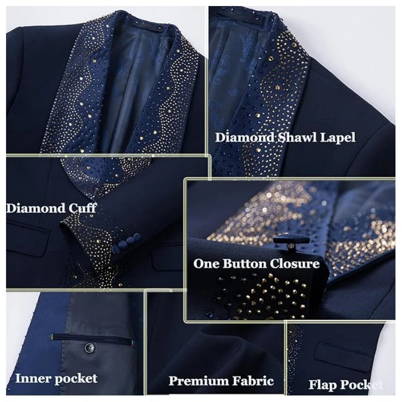 Men's 3-Piece Luxury Diamond Shawl Lapel Tuxedo Set | Black Wedding Suit (Blazer+Vest+Pants) for Groom/Prom Red Carpet Events