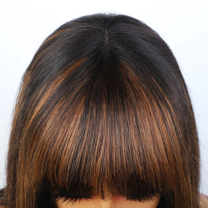 Human Hair Straight Bob Lace Wigs Straight Human Hair Wigs With Bangs #27 Brown Fringe Middle Part Bob Lace Wigs Realistic Scalp