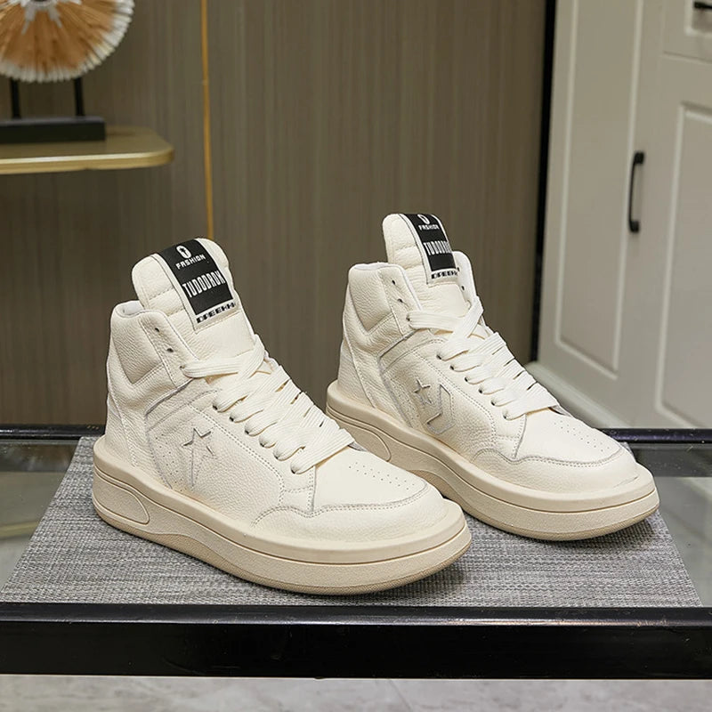 Large Size 35-47 Men Casual Shoes Genuine Leather Lace Up Thick Soled High Top Women Sneakers Autumn Winter Popular Shoes Unisex