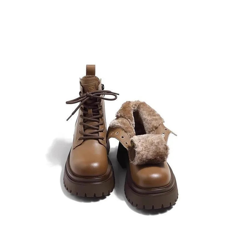 Snow Boots For Women  Female Shoes Winter Footwear Boots-Women Plush Round Toe Flat Heel Leather Lolita Ladies Med 2025 Fur