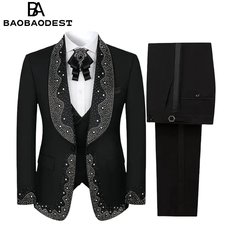 Men's 3-Piece Luxury Diamond Shawl Lapel Tuxedo Set | Black Wedding Suit (Blazer+Vest+Pants) for Groom/Prom Red Carpet Events