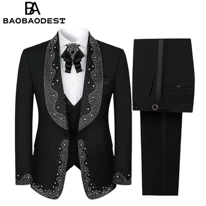 Men's 3-Piece Luxury Diamond Shawl Lapel Tuxedo Set | Black Wedding Suit (Blazer+Vest+Pants) for Groom/Prom Red Carpet Events
