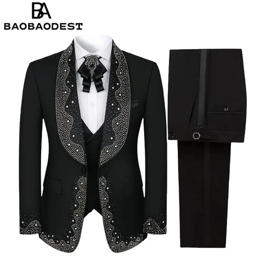 Men's 3-Piece Luxury Diamond Shawl Lapel Tuxedo Set | Black Wedding Suit (Blazer+Vest+Pants) for Groom/Prom Red Carpet Events