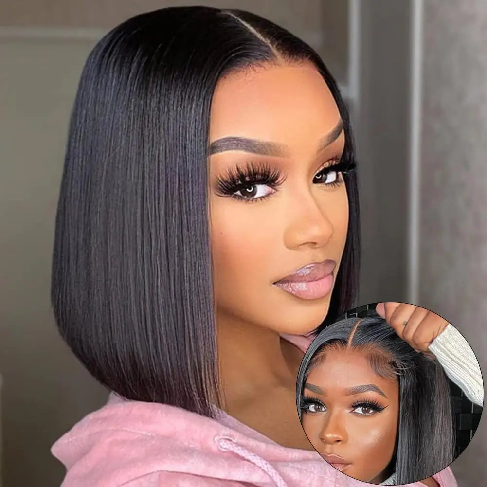 Human Hair Bob Straight Pre Cut Lace Front Wigs Human Hair Upgraded No Glue Lace Front Wigs For Women