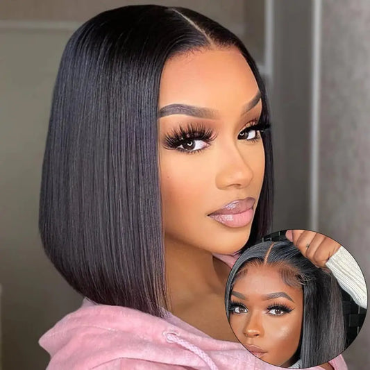 Human Hair Bob Straight Pre Cut Lace Front Wigs Human Hair Upgraded No Glue Lace Front Wigs For Women