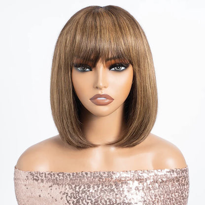 Human Hair Straight Bob Lace Wigs Straight Human Hair Wigs With Bangs #27 Brown Fringe Middle Part Bob Lace Wigs Realistic Scalp