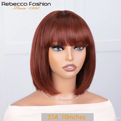 Human Hair Straight Bob Lace Wigs Straight Human Hair Wigs With Bangs #27 Brown Fringe Middle Part Bob Lace Wigs Realistic Scalp