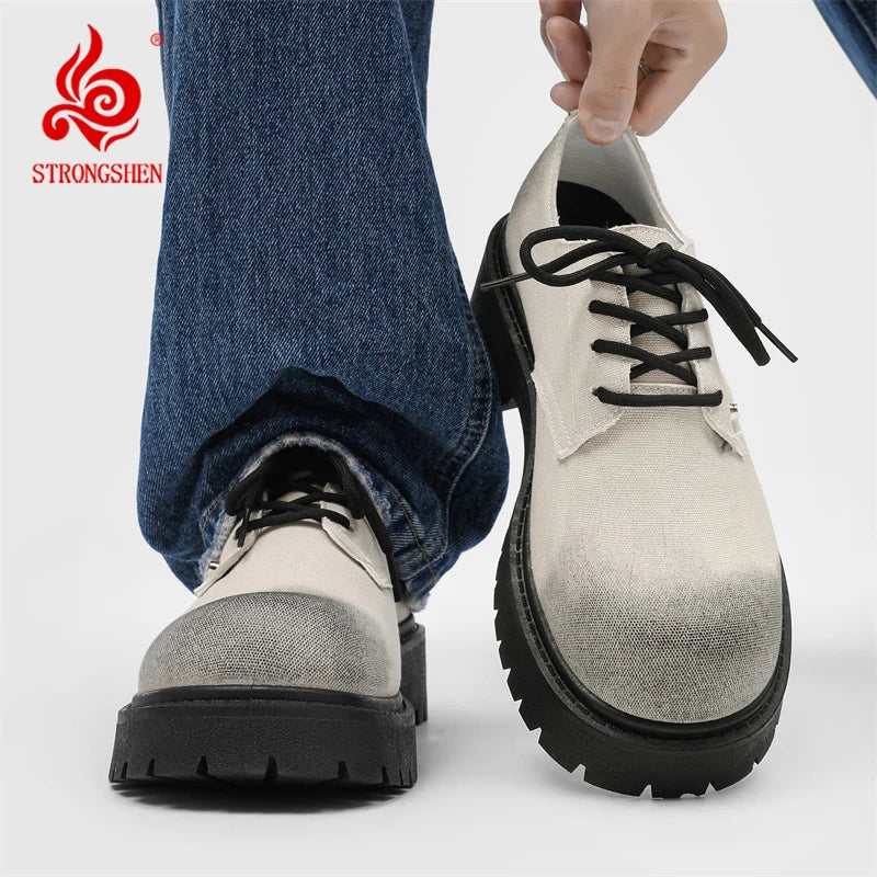 STRONGSHEN Men Leather Shoes Casual Canvas Thick Bottom Dress Shoes Men Gentleman Outdoor Fashion Wedding Shoes Fashion Shoes