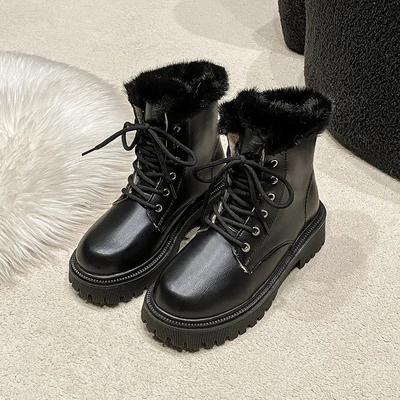 Snow Boots For Women  Female Shoes Winter Footwear Boots-Women Plush Round Toe Flat Heel Leather Lolita Ladies Med 2025 Fur