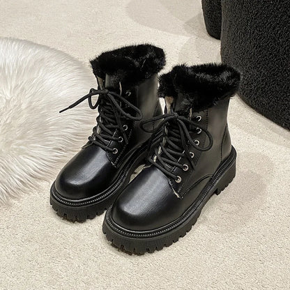 Snow Boots For Women  Female Shoes Winter Footwear Boots-Women Plush Round Toe Flat Heel Leather Lolita Ladies Med 2025 Fur