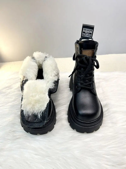 Snow Boots For Women  Female Shoes Winter Footwear Boots-Women Plush Round Toe Flat Heel Leather Lolita Ladies Med 2025 Fur