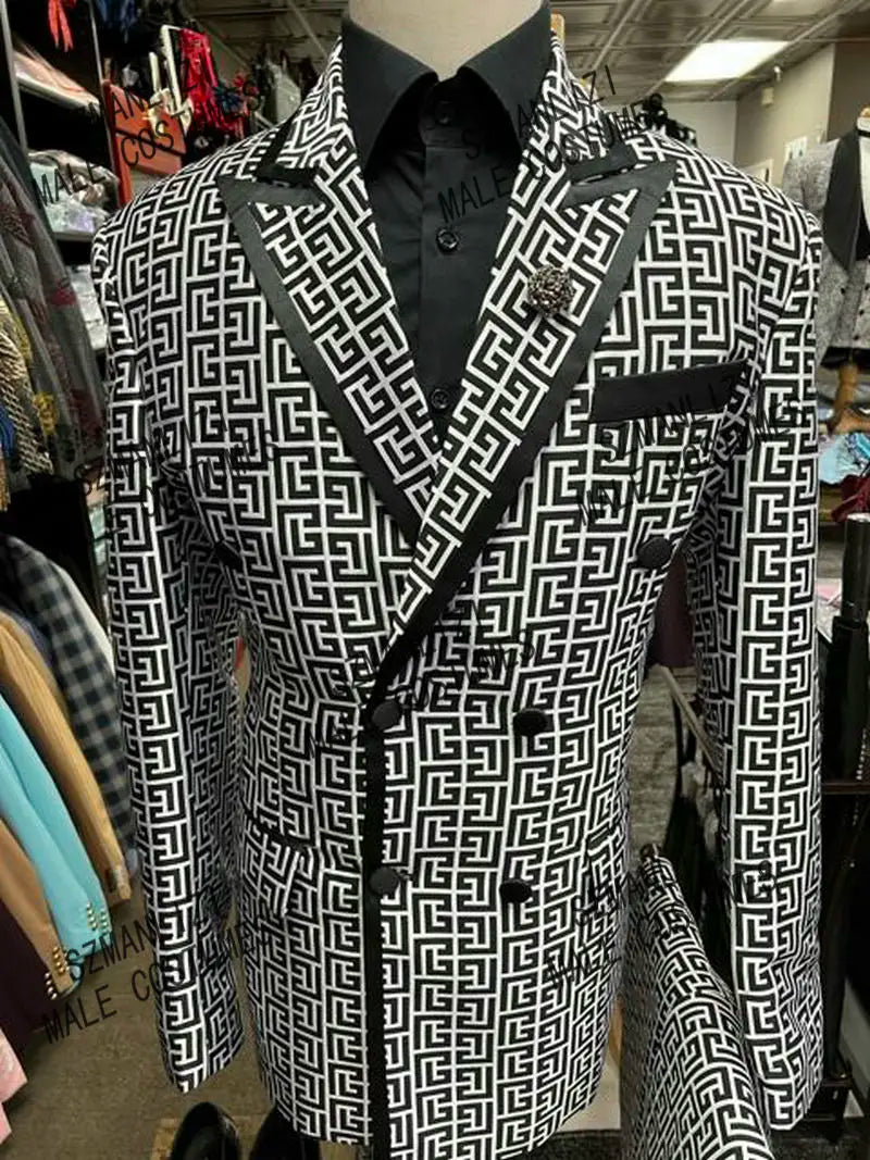 Luxuly Plaid Double Breasted Men Suit Custumized Slim Fit Peaked Lapel Groom Wedding Tuxedos Male Prom Blazers 2 Pieces Sets