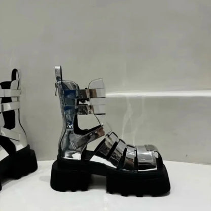 Roman Style Woven Thin Heel Boots for Women Summer Thick Bottom Slimming Cool Motorcycle Style Hollow out Short Boots Trendy