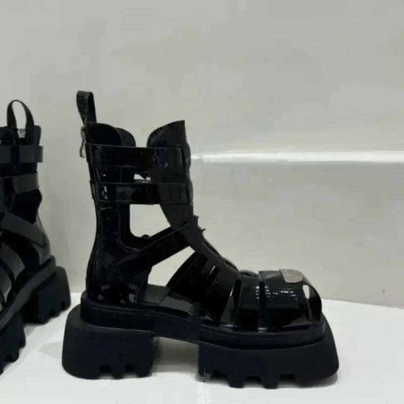 Roman Style Woven Thin Heel Boots for Women Summer Thick Bottom Slimming Cool Motorcycle Style Hollow out Short Boots Trendy