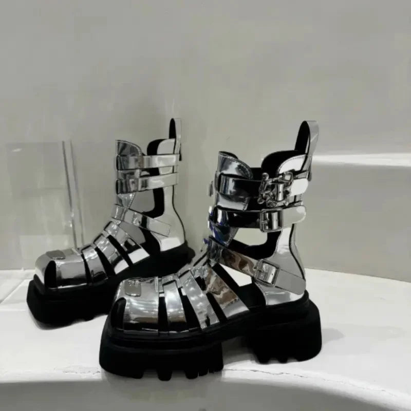 Roman Style Woven Thin Heel Boots for Women Summer Thick Bottom Slimming Cool Motorcycle Style Hollow out Short Boots Trendy