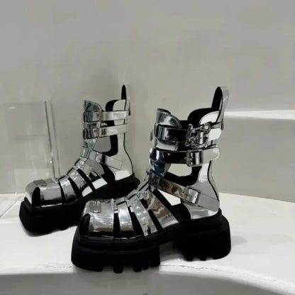 Roman Style Woven Thin Heel Boots for Women Summer Thick Bottom Slimming Cool Motorcycle Style Hollow out Short Boots Trendy