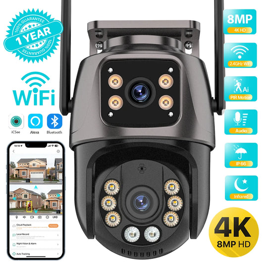 Wifi PTZ HD Camera Outdoor 4K 8MP 4MP Dual Lens Dual Screen AI Auto Tracking IP Camera CCTV Audio Video Surveillance P2P iCSee