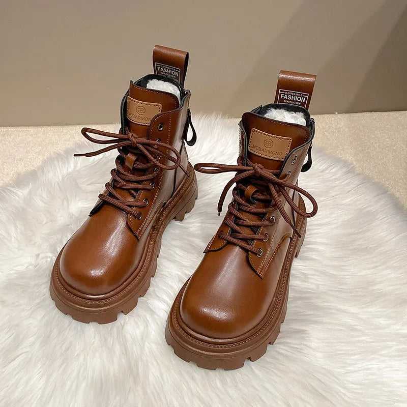Snow Boots For Women  Female Shoes Winter Footwear Boots-Women Plush Round Toe Flat Heel Leather Lolita Ladies Med 2025 Fur